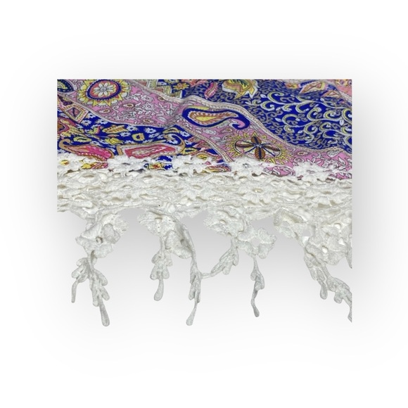 new Millau ꧁ Cold Shoulder Lace Fringe Festival Crop Top ꧁ Multicolor Print ꧂ XS - Picture 6 of 16